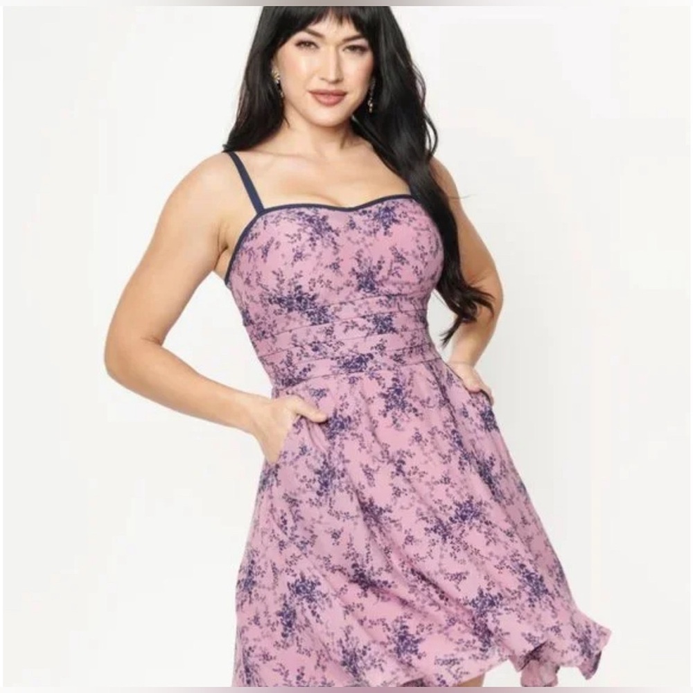 Unique Vintage | Purple & Navy Floral Pocket Mini Dress